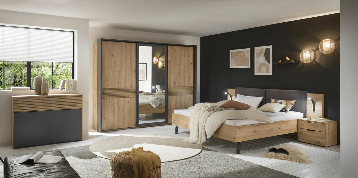 SCHWEBETÜRENSCHRANK 270/210/63 cm 3-türig Graphitfarben, Eiche Artisan  - Graphitfarben/Eiche Artisan, KONVENTIONELL, Glas/Holzwerkstoff (270/210/63cm) - Boxxx