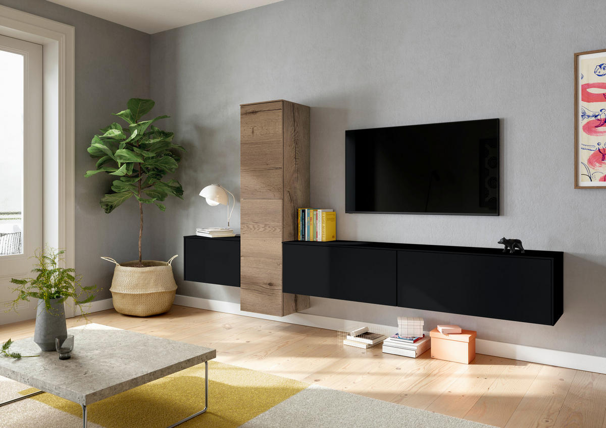WOHNWAND  in Schwarz, Eichefarben  282/160/37 cm  - Eichefarben/Schwarz, Design, Holzwerkstoff (282/160/37cm) - Celina Home
