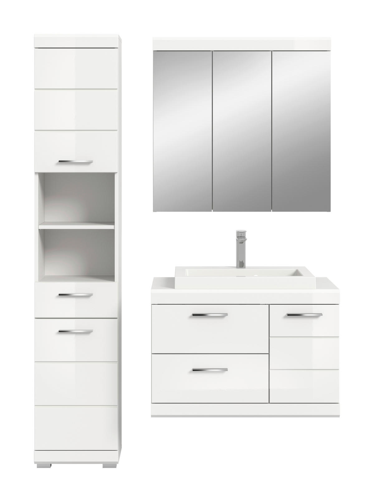 BADEZIMMER 4-teilig  in 132 cm  - Weiß Hochglanz/Silberfarben, Trend, Glas/Holzwerkstoff (132cm) - MID.YOU