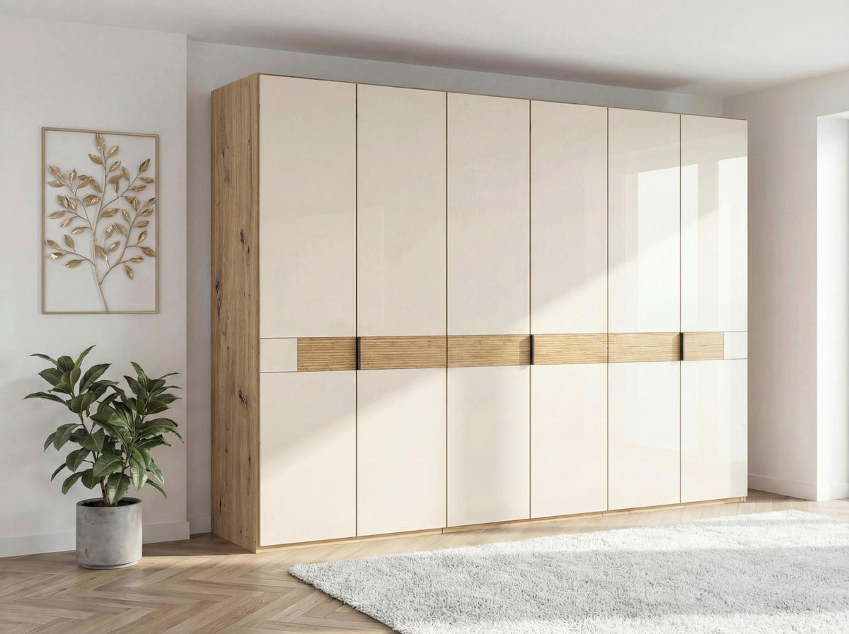 DREHTÜRENSCHRANK 300/216/58 cm,  in Champagner, Eiche Bianco, 6 Tür(en)  - Schieferfarben/Eiche Bianco, Design, Glas/Holz (300/216/58cm) - Musterring