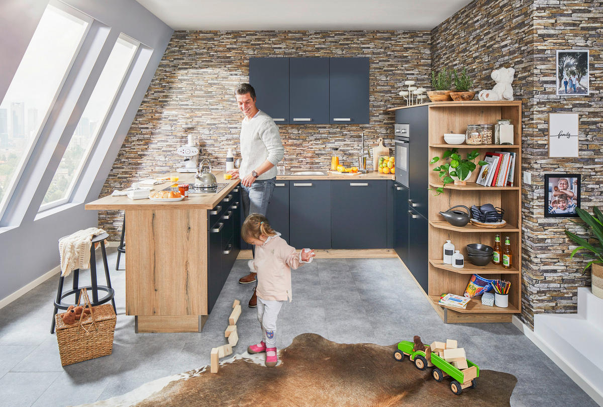 EINBAUKÜCHE   - Eichefarben/Anthrazit, Basics, Holzwerkstoff - Welnova