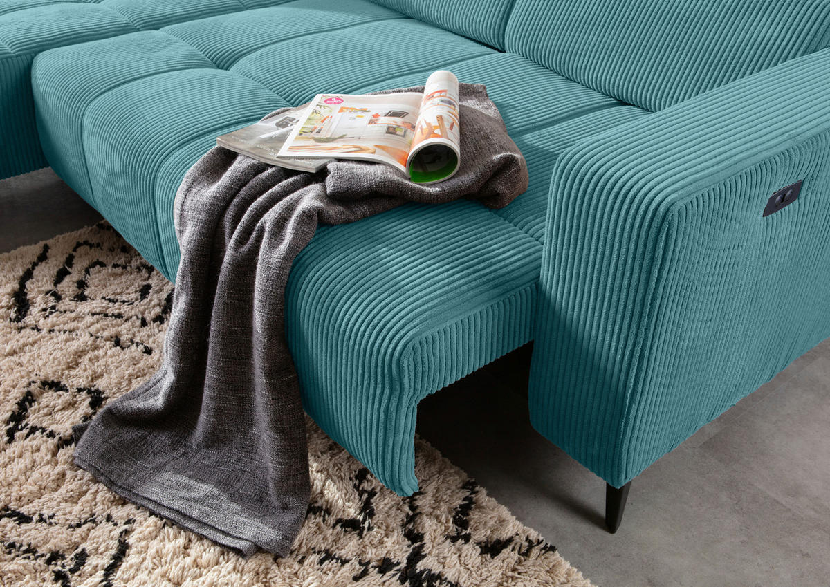 ECKSOFA Petrol Cord Rücken echt, Kopfteilverstellung, Sitzvorzug  - Petrol/Schwarz, KONVENTIONELL, Textil/Metall (170/257cm) - Carryhome