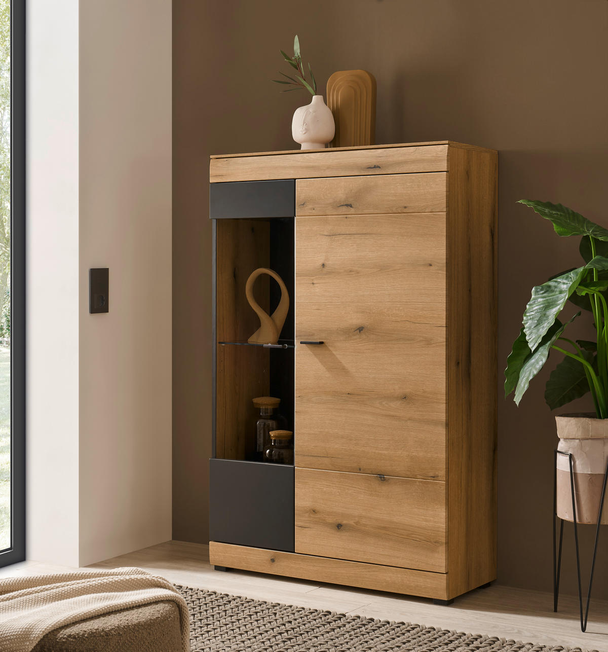 VITRINE  in Graphitfarben, Eichefarben - Eichefarben/Schwarz, Design, Glas/Holzwerkstoff (90/141/35cm) - MID.YOU