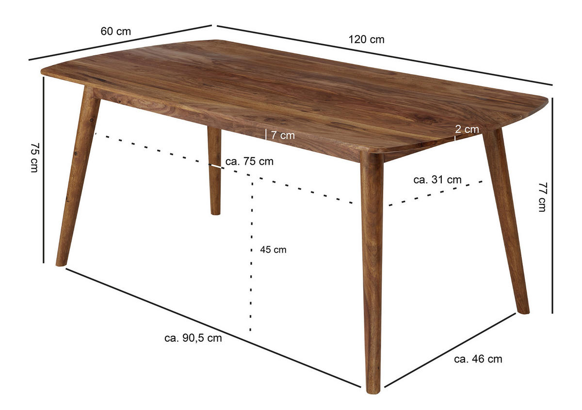 ESSTISCH Sheesham massiv rechteckig Sheeshamfarben  - Sheeshamfarben, MODERN, Holz (120/77/60cm) - MID.YOU