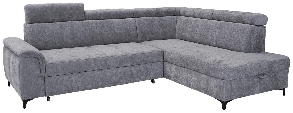 ECKSOFA Hellgrau Chenille Bettkasten, Schlaffunktion, Rücken echt, Kopfteilverstellung, Liegefläche im Originalstoff  - Hellgrau/Schwarz, KONVENTIONELL, Textil/Metall (265/206cm) - Carryhome