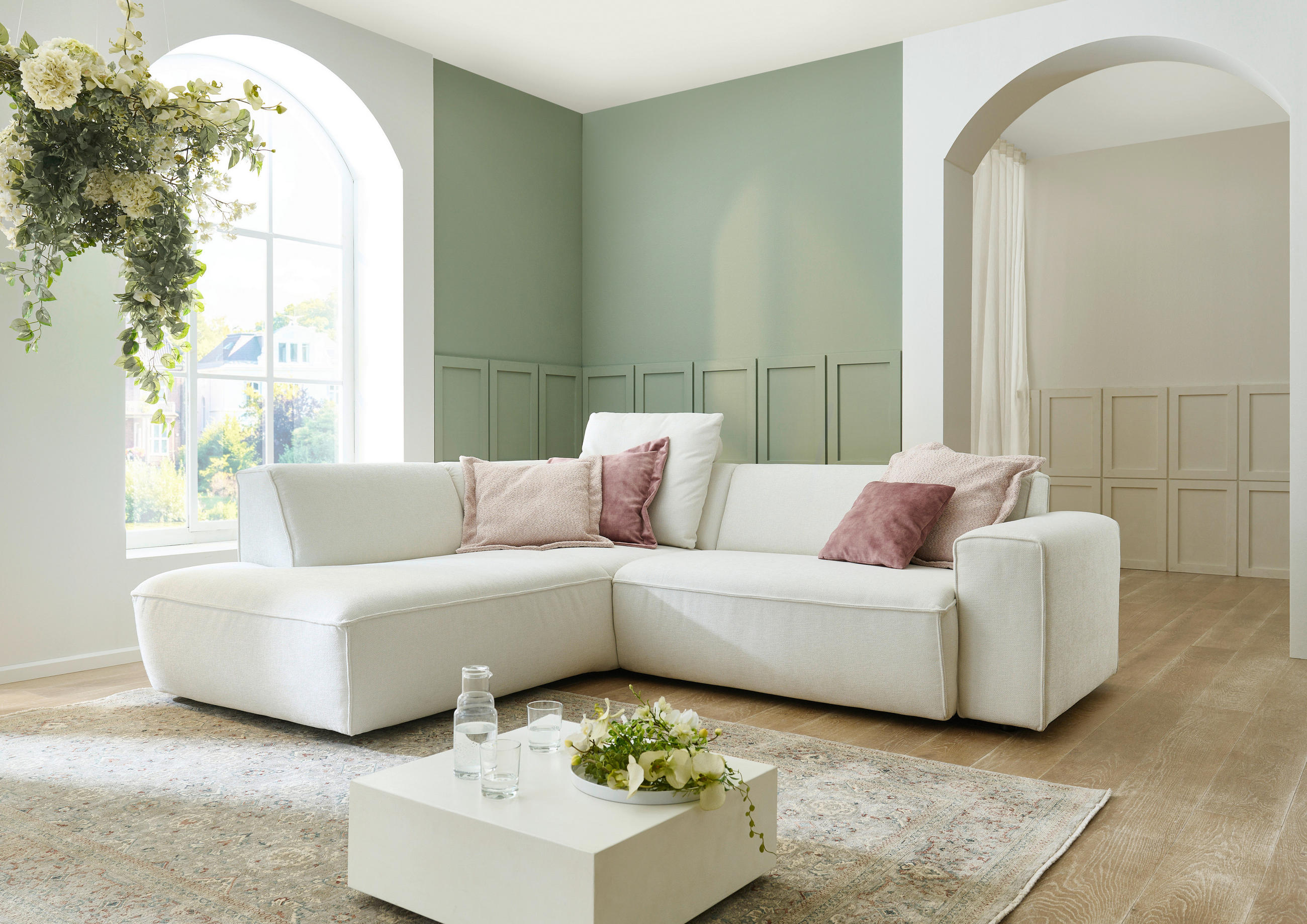 ECKSOFA in Flachgewebe Weiss  - Weiss/Schwarz, Konventionell, Kunststoff/Textil (227/254cm) - Carryhome