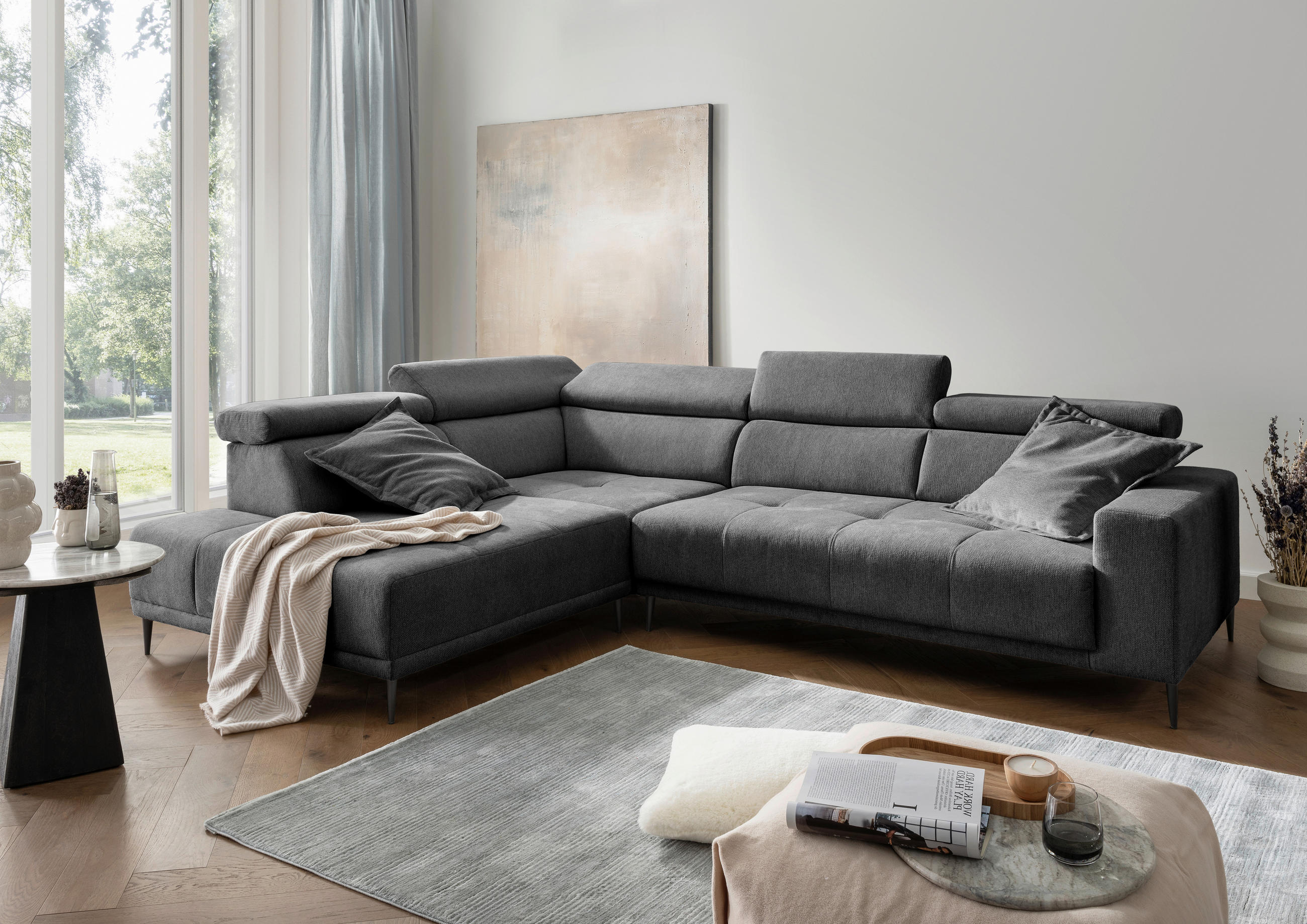 ECKSOFA Chenille Anthrazit  - Anthrazit/Schwarz, Konventionell, Textil/Metall (225/305cm) - Livetastic