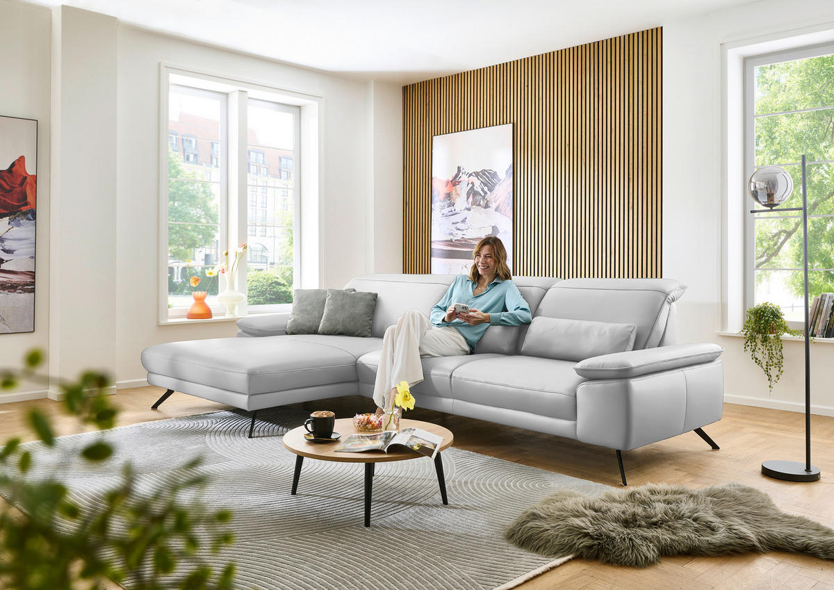 ECKSOFA in Echtleder Weiss  - Weiss/Schwarz, Design, Leder/Metall (193/332cm) - Dieter Knoll