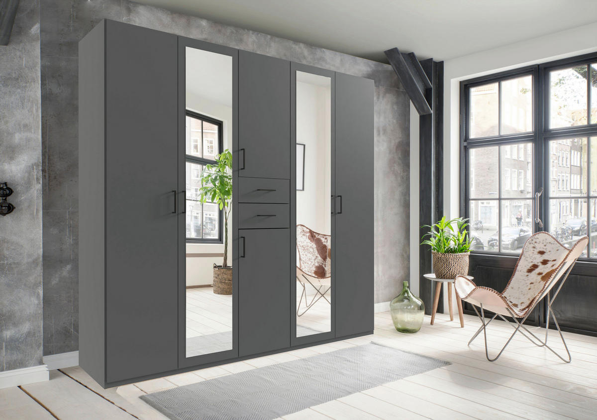 KLEIDERSCHRANK Graphitfarben  - Schwarz/Graphitfarben, Modern, Glas/Holz (225/208/58cm) - P & B