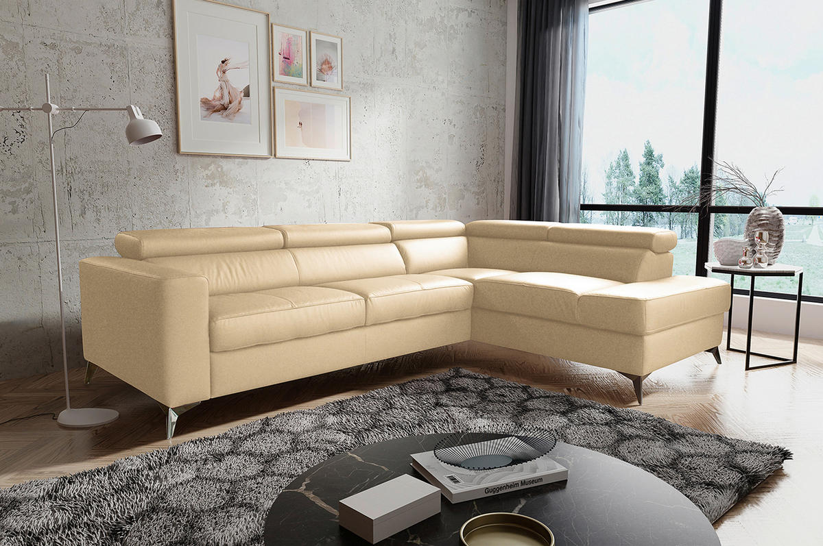 ECKSOFA in Lederlook Echtleder Beige  286/208 cm  - Chromfarben/Beige, Design, Leder/Textil (286/208cm) - Livetastic