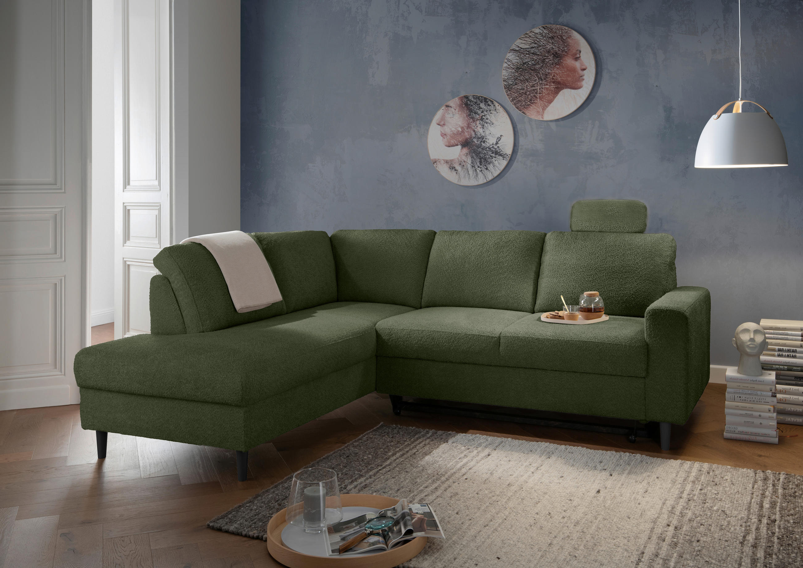 ECKSCHLAFSOFA in Bouclé Dunkelgrün  - Dunkelgrün/Schwarz, MODERN, Holz/Textil (200/242cm) - Livetastic