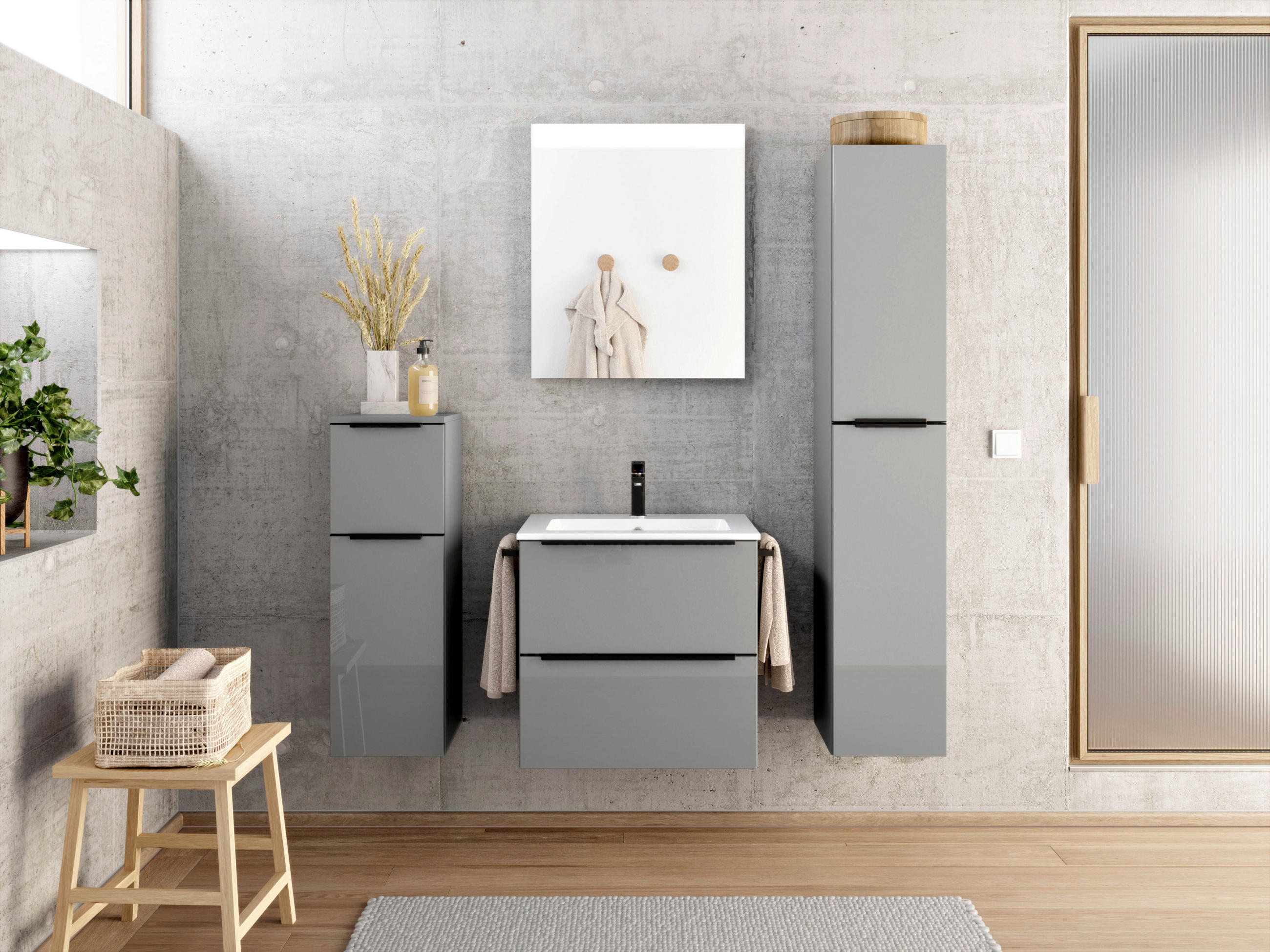 BADEZIMMER 5-teilig  in 121 cm  - Schieferfarben/Schwarz, MODERN, Holzwerkstoff/Stein (121cm) - Nobilia