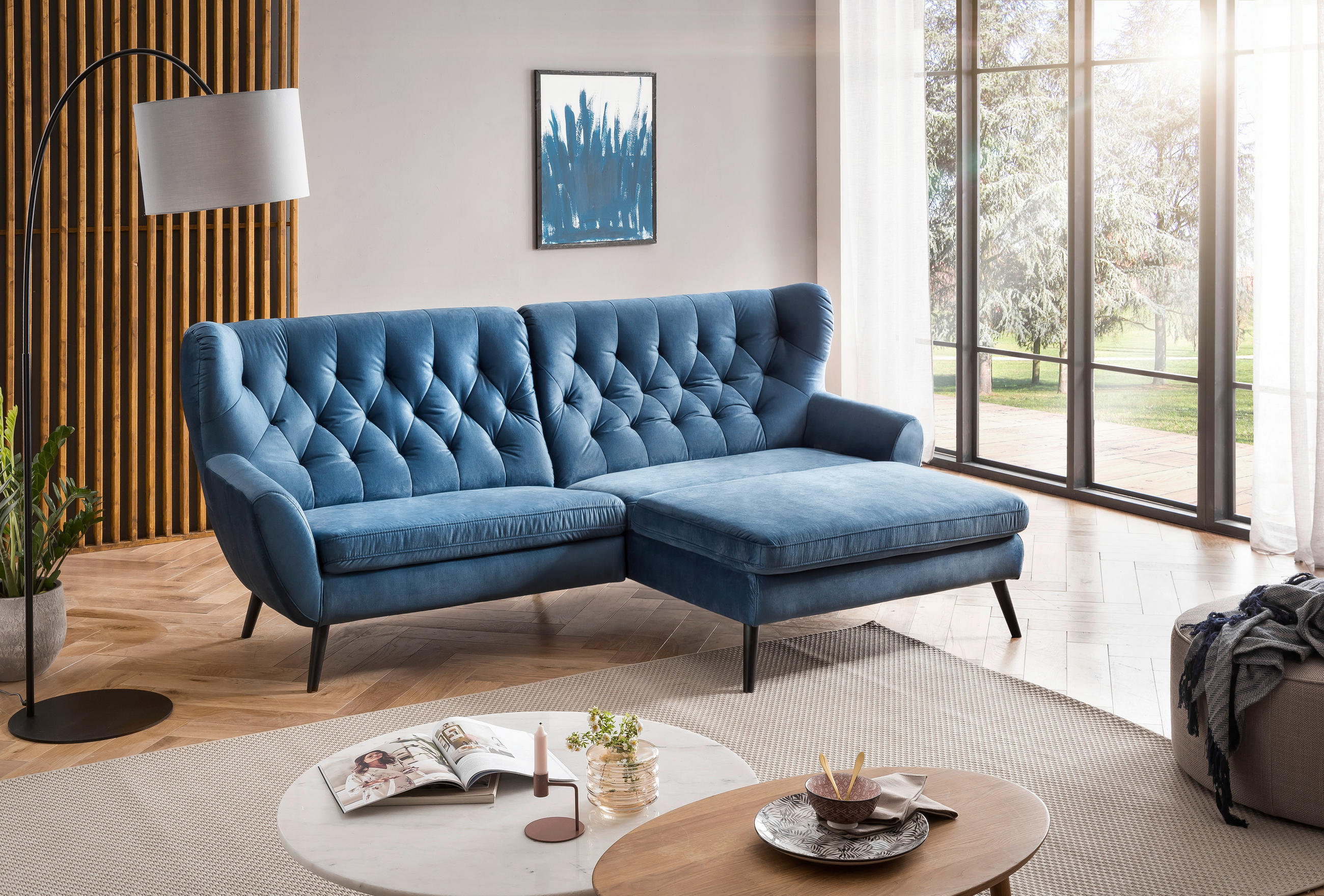ECKSOFA Dunkelblau Mikrofaser  - Schwarz/Dunkelblau, Design, Holz/Textil (237/165cm) - Stylife