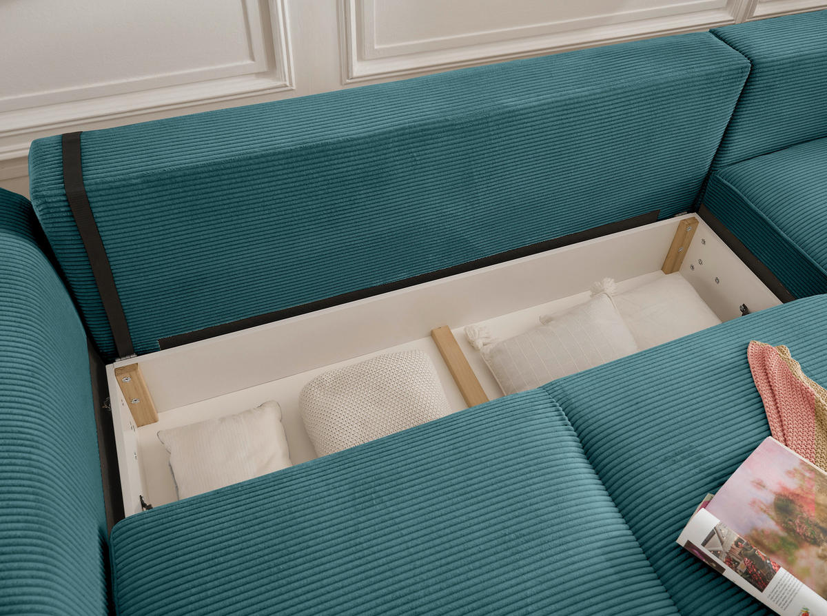 ECKSOFA Azurblau Cord  - Azurblau/Schwarz, KONVENTIONELL, Kunststoff/Textil (318/197cm) - Hom`in