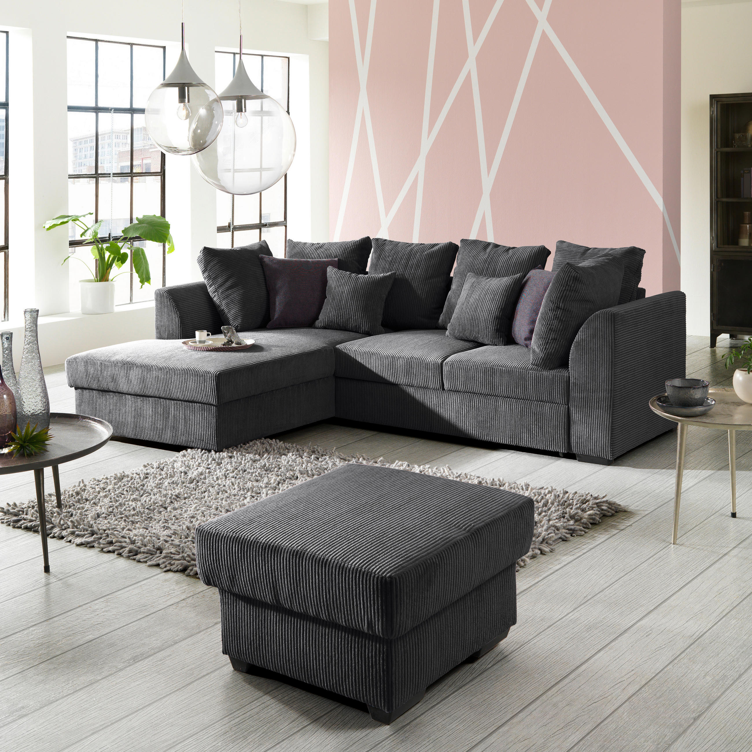 ECKSOFA inkl.Funktionen Anthrazit Cord  - Anthrazit/Schwarz, Design, Kunststoff/Textil (174/259cm) - Cantus