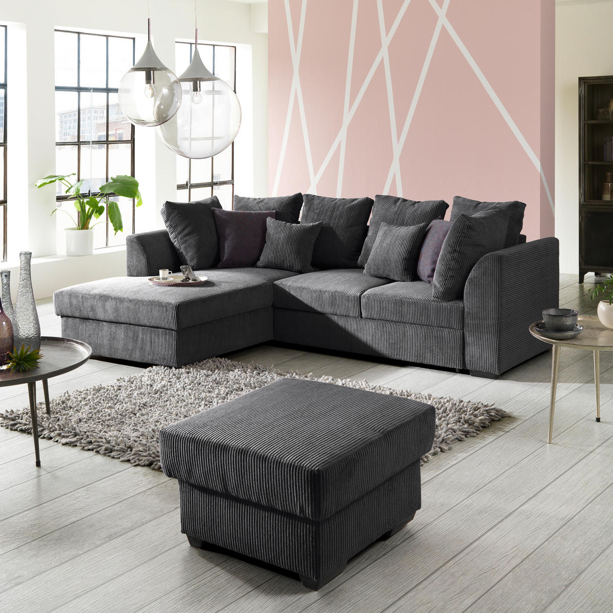 ECKSOFA inkl.Funktionen Anthrazit Cord  - Anthrazit/Schwarz, Design, Kunststoff/Textil (174/259cm) - Cantus