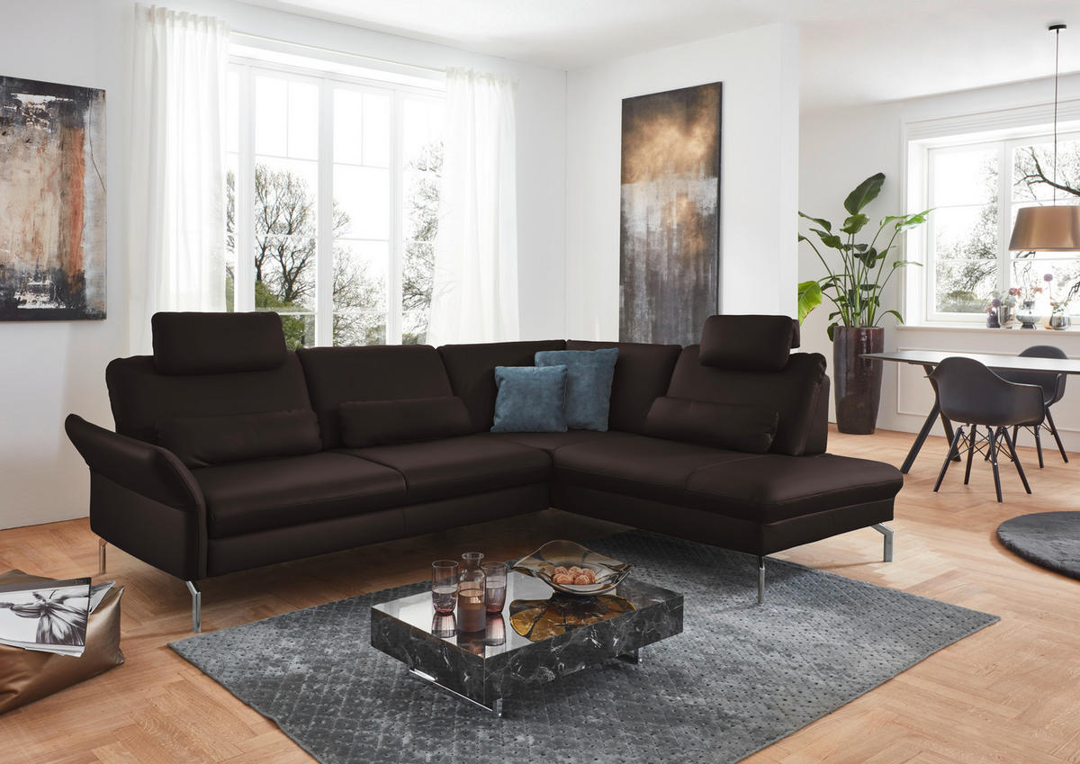 ECKSOFA in Echtleder Dunkelbraun  - Dunkelbraun/Alufarben, Konventionell, Leder/Metall (284/220cm) - Beldomo Premium