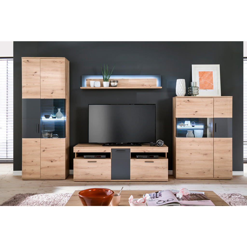 Thumbnail - Livetastic Vitrine Kigali, Anthrazit, Eiche, Metall, 3 Fächer, 70x198x37 cm, Made in EU, Wohnzimmer, Wohnwände, Vitrinen...