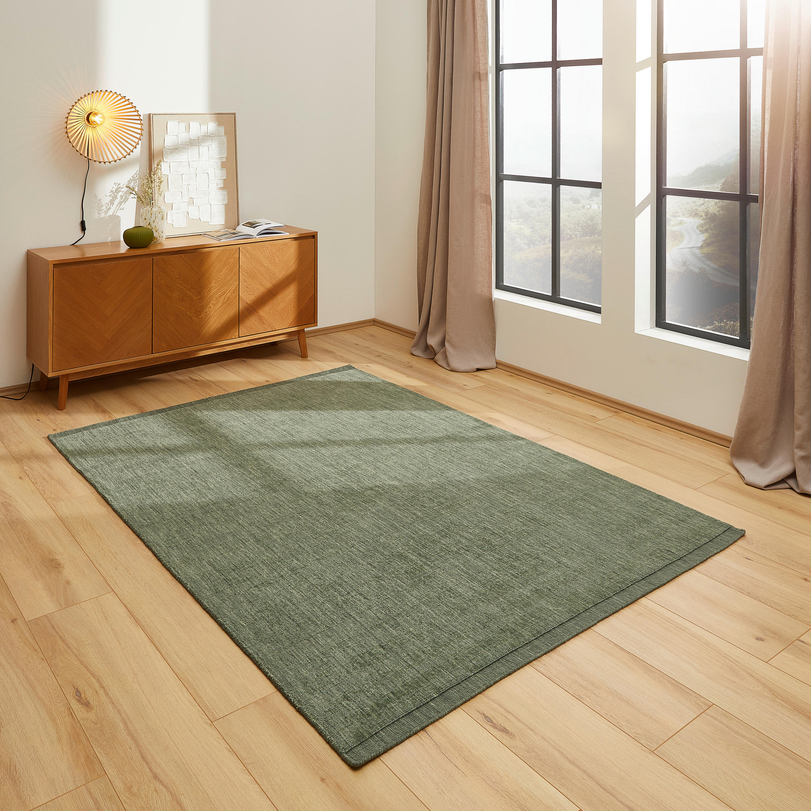 Thumbnail - Cazaris Orientteppich, Grün, Textil, Uni, rechteckig, 160x230 cm, Handmade in India, für Fußbodenheizung geeignet, Teppi...