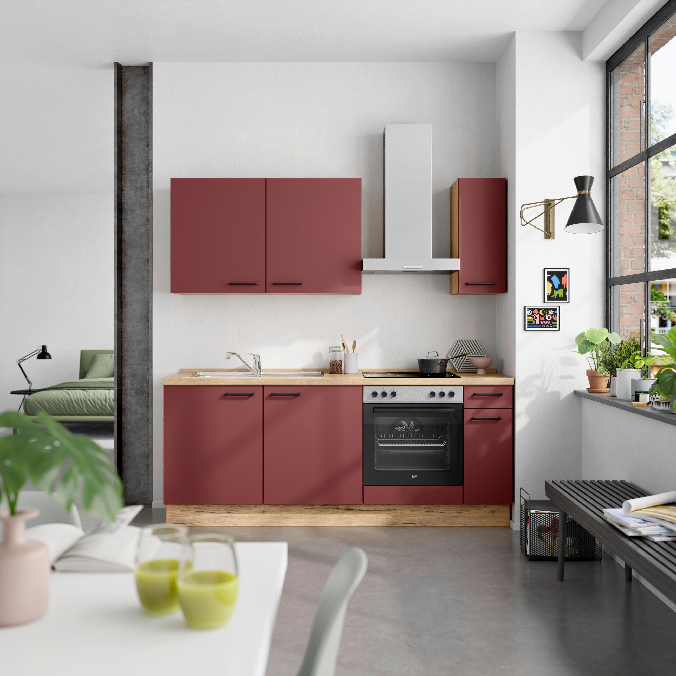 KÜCHENBLOCK 210 cm   in Eichefarben, Dunkelrot  - Eichefarben/Schwarz, MODERN, Holzwerkstoff/Metall (210cm) - Nobilia