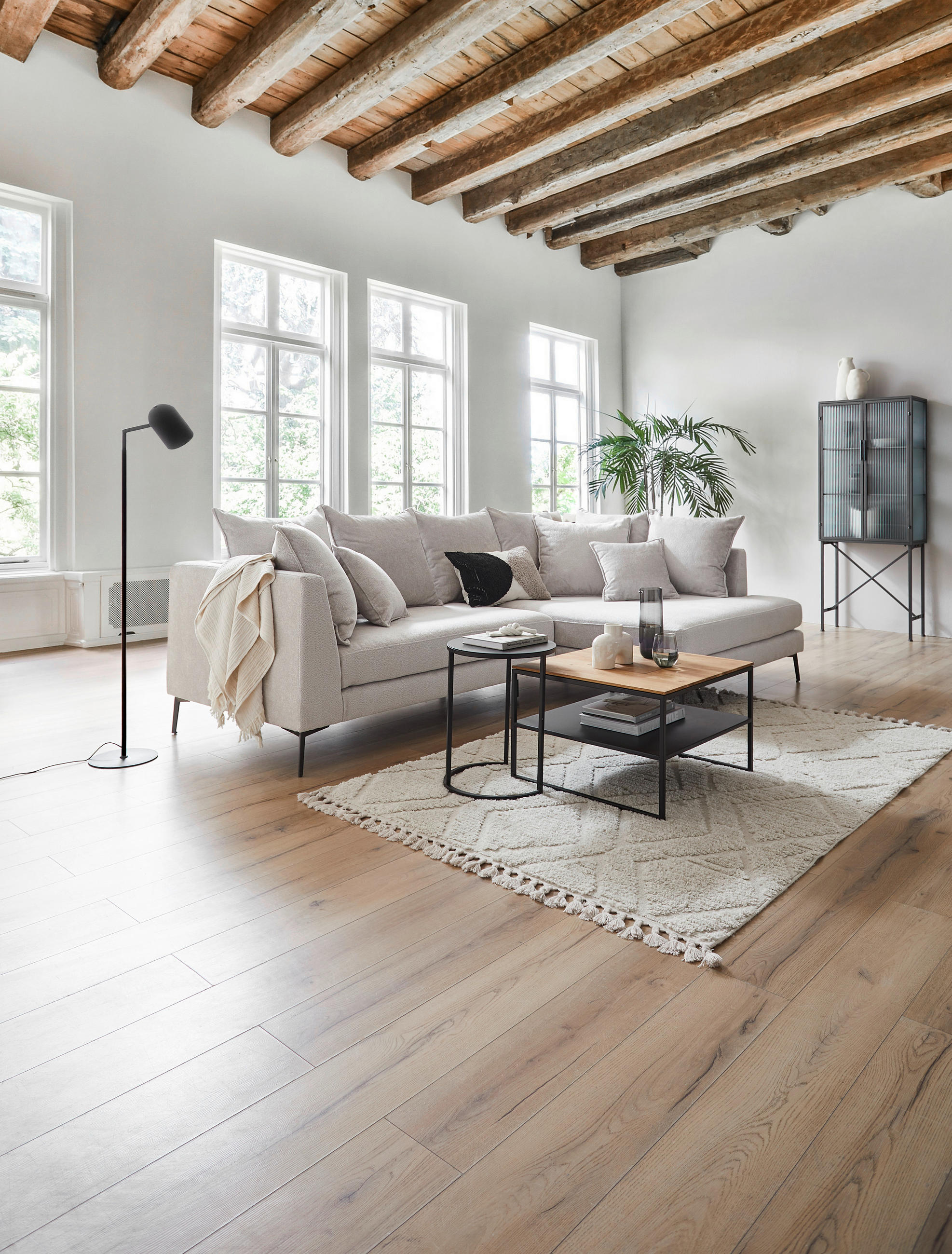 ECKSOFA in Chenille Beige  - Beige/Schwarz, Design, Textil/Metall (289/170cm) - Stylife