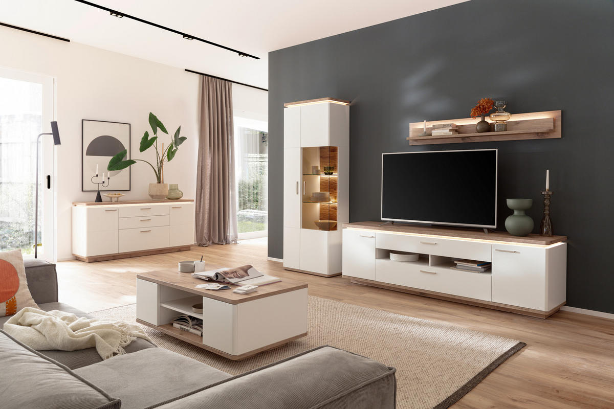 WOHNWAND 3-teilig  in Weiss, Eichefarben 295/208/50 cm  - Weiss/Eichefarben, Design, Glas/Holzwerkstoff (295/208/50cm) - Livetastic