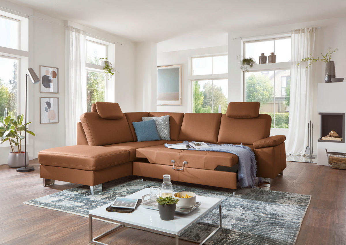 ECKSOFA  in Echtleder Cognac  235/248 cm  - Cognac/Alufarben, Design, Leder/Metall (235/248cm) - Beldomo Premium
