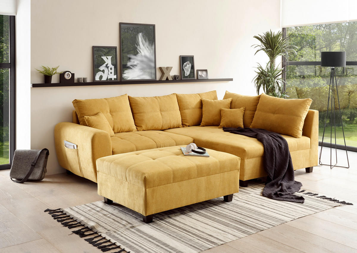ECKSOFA inkl. Hocker in Mikrovelours Gelb  248/176 cm  - Gelb/Schwarz, Basics, Holzwerkstoff/Kunststoff (248/176cm) - MID.YOU