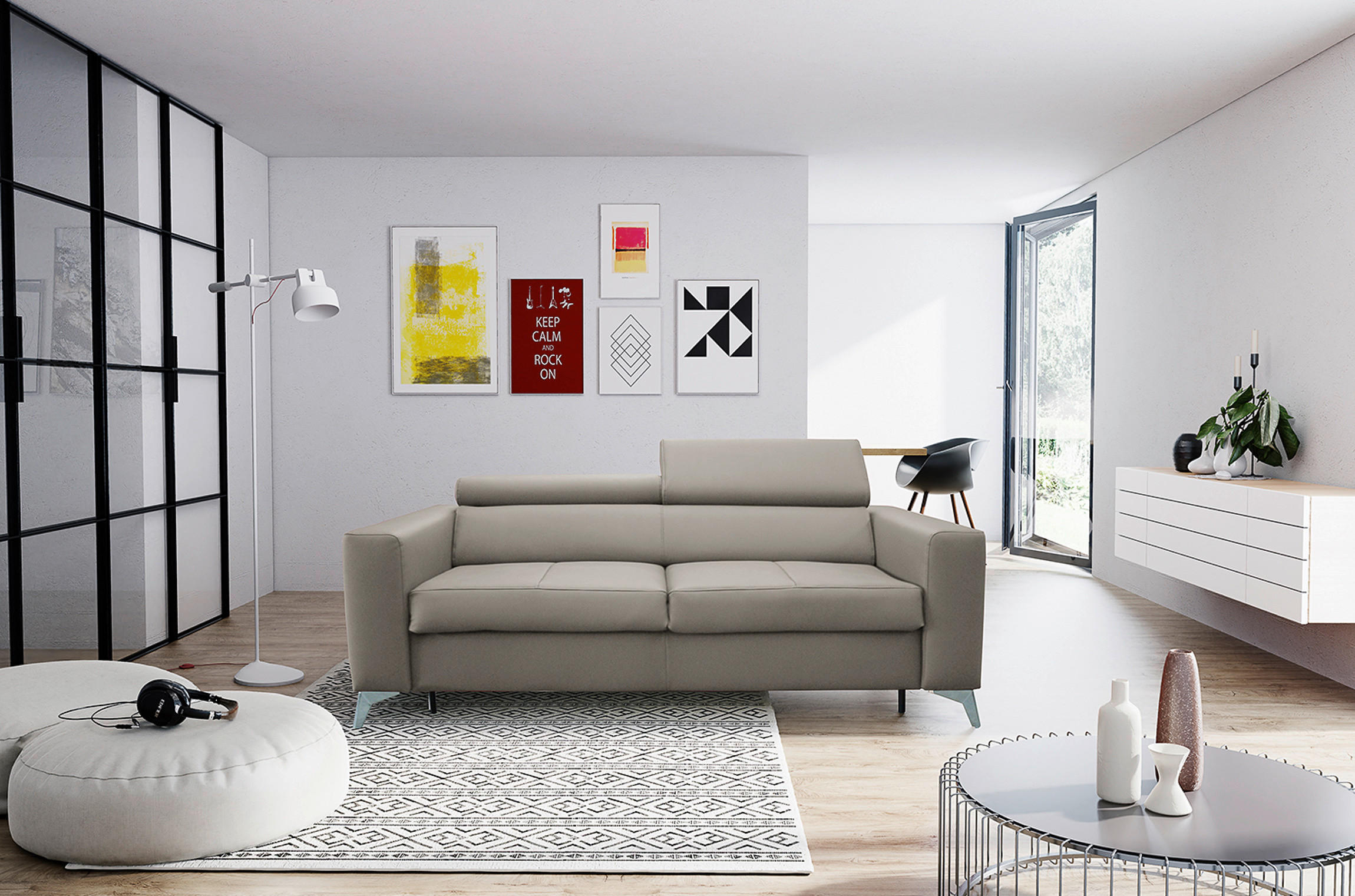 SCHLAFSOFA Hellgrau Echtleder Lederlook  - Silberfarben/Hellgrau, Design, Leder/Textil (206/95/101cm) - Livetastic