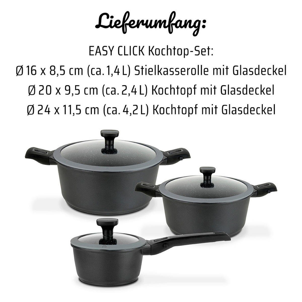 KOCHTOPFSET EASY CLICK 3-teilig  - Schwarz, Basics, Metall - GSW