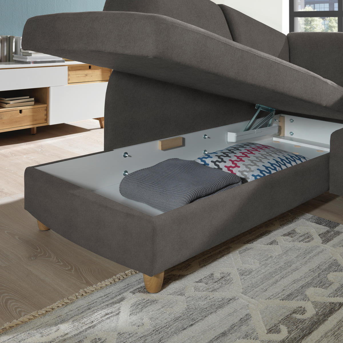 ECKSOFA in Flachgewebe Schlammfarben  208/227 cm  - Schlammfarben/Eichefarben, KONVENTIONELL, Holz/Textil (208/227cm) - Sedda