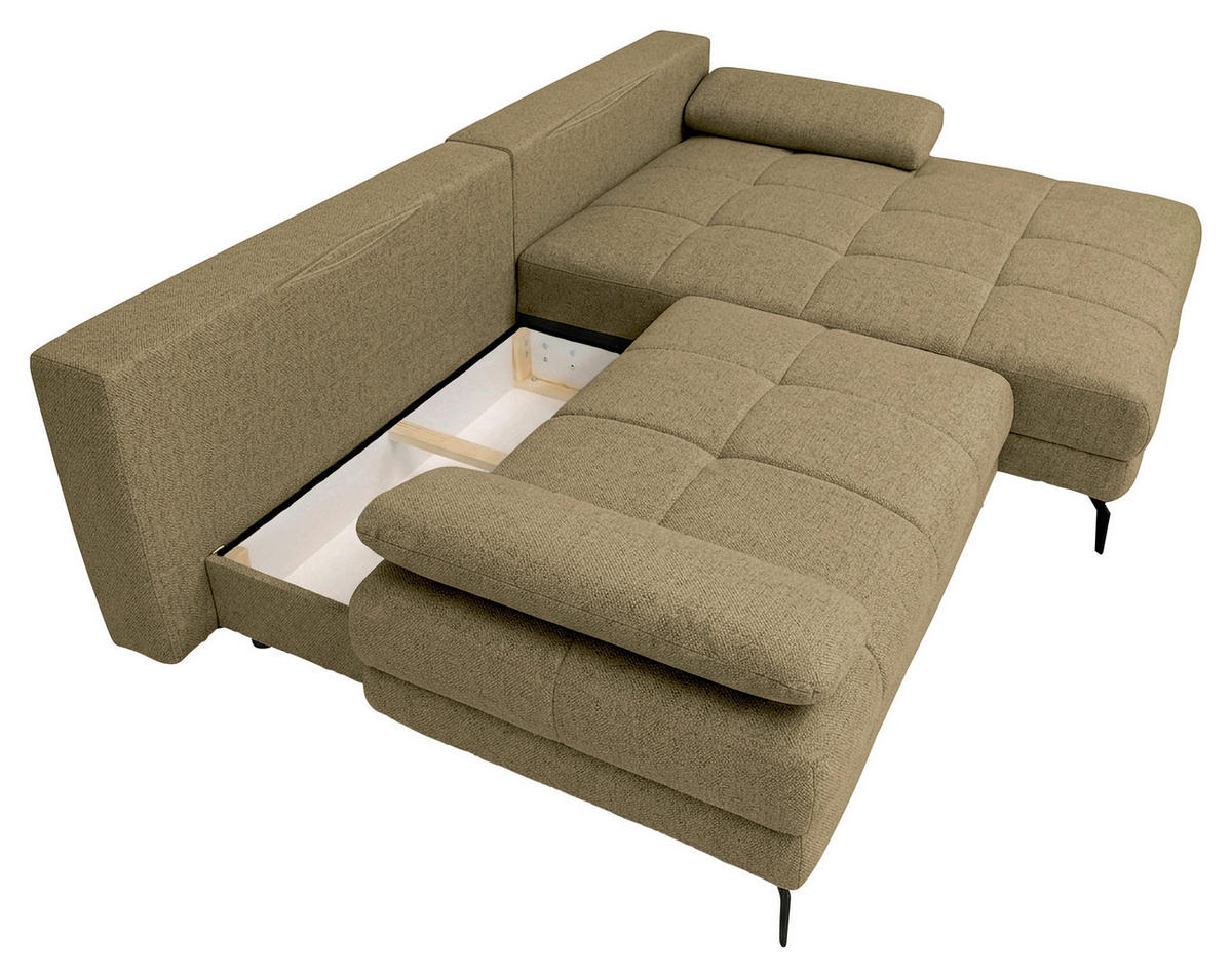 ECKSOFA Olivgrün Struktur Rückenkissen, Bettkasten, Schlaffunktion, Rücken echt, Armteilverstellung, Liegefläche im Originalstoff  - Beige/Schwarz, MODERN, Textil/Metall (263/181cm) - Carryhome