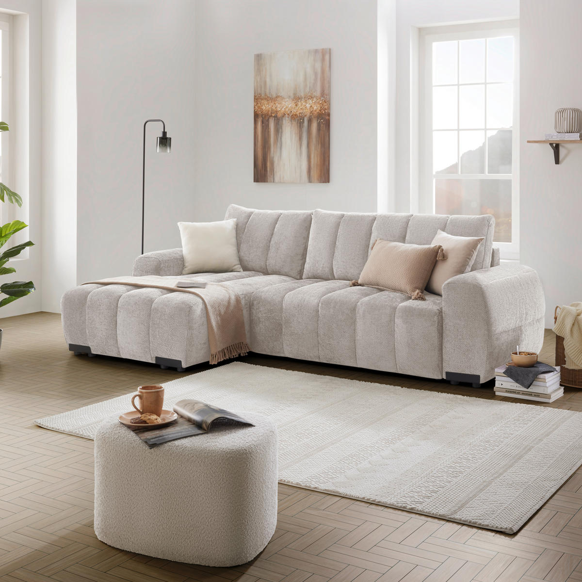 ECKSOFA Flachgewebe Creme  - Schwarz Hochglanz/Creme, Modern, Textil/Metall (166/93/273cm) - MID.YOU