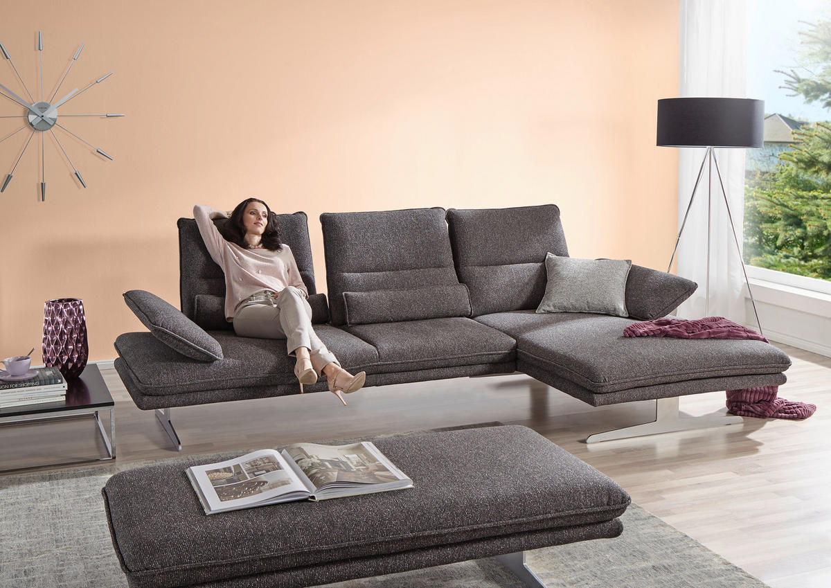 ECKSOFA Webstoff Anthrazit  - Chromfarben/Anthrazit, Design, Textil/Metall (291/164cm) - Chilliano