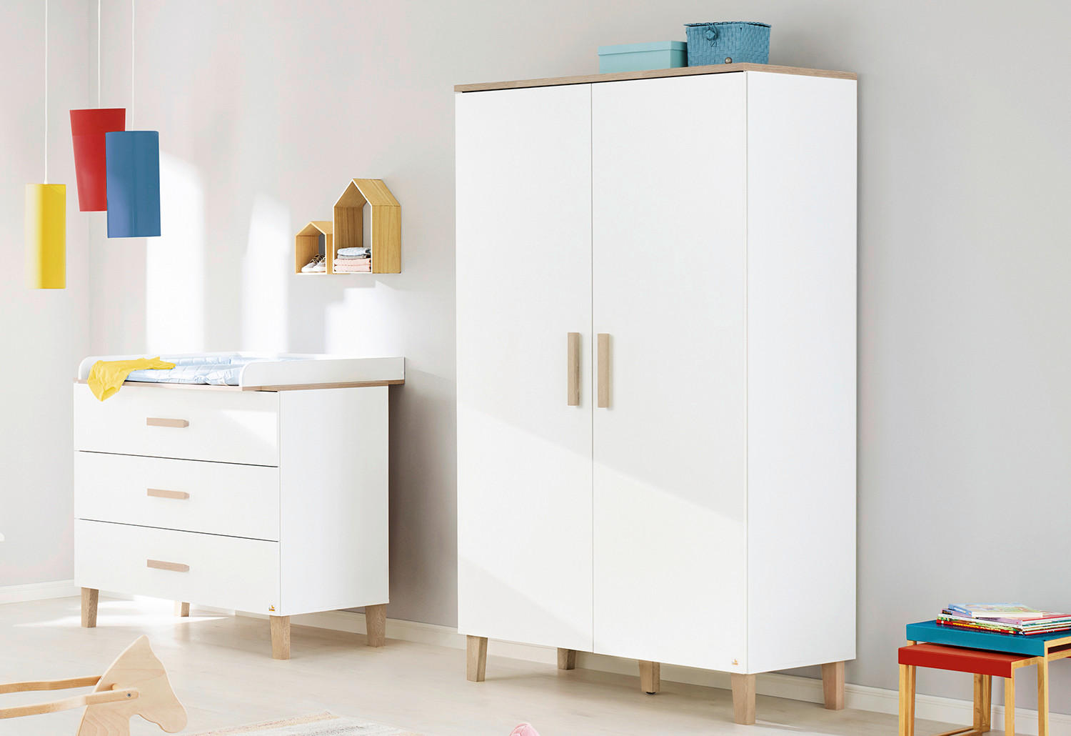 Thumbnail - Pinolino Babykleiderschrank Lumi, Weiß, Eiche, Holz, Holzwerkstoff, Eiche, 110x189x56 cm, Babymöbel, Babykleiderschrank