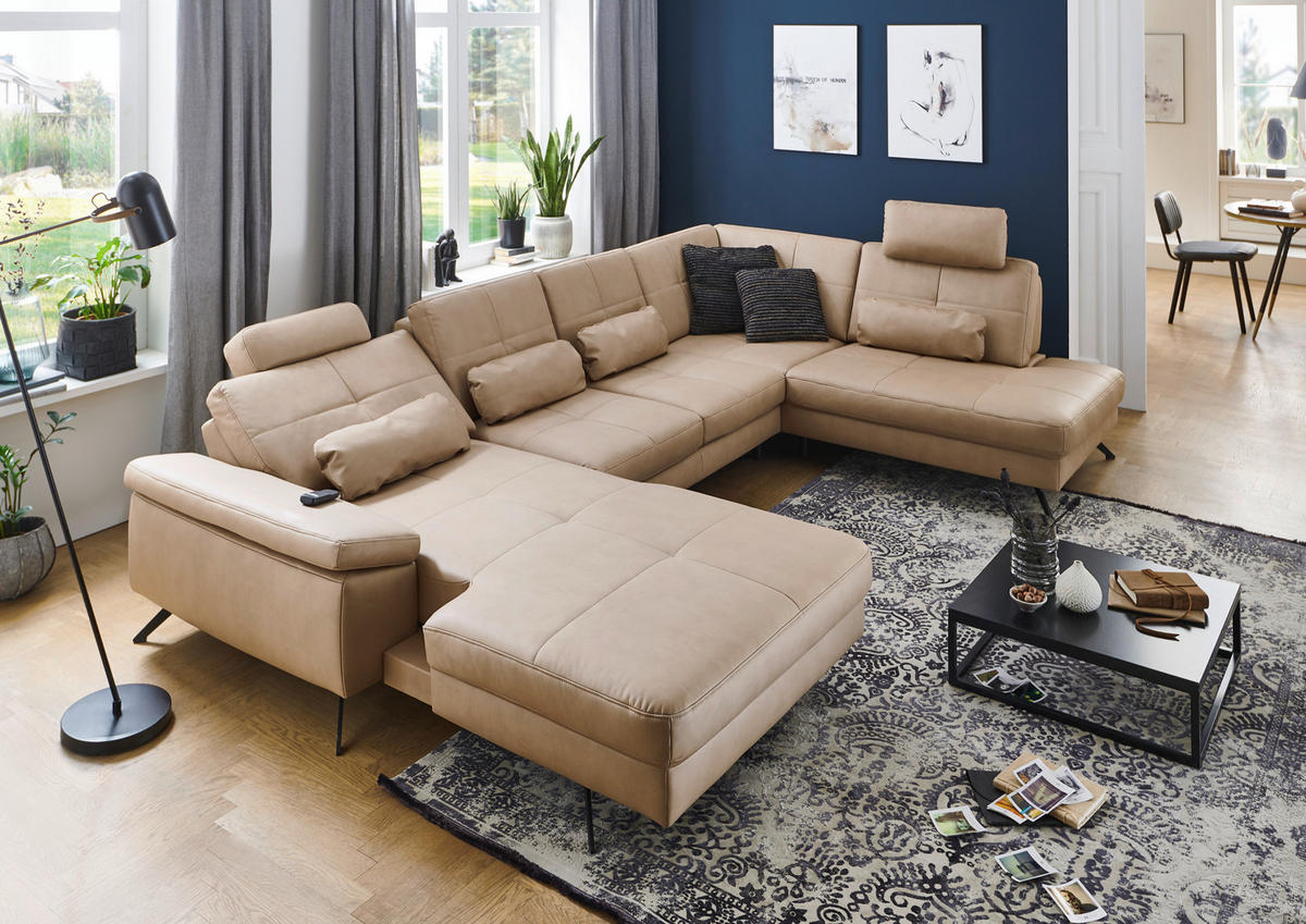 WOHNLANDSCHAFT in Lederlook, Mikrofaser Hellbraun, Haselnussfarben  - Hellbraun/Schwarz, Design, Textil/Metall (345/220cm) - Beldomo System