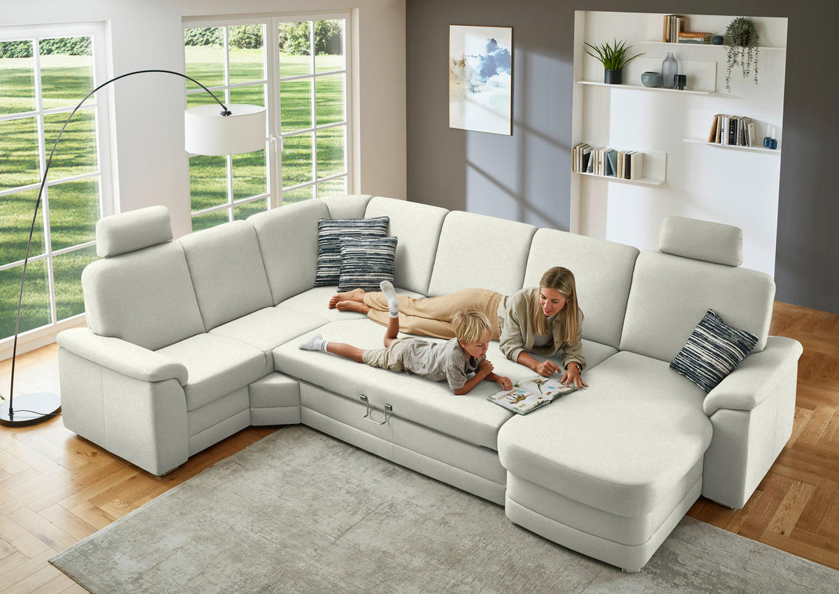 WOHNLANDSCHAFT  in Chenille Creme  - Creme/Alufarben, KONVENTIONELL, Holz/Textil (235/329/160cm) - Beldomo Comfort