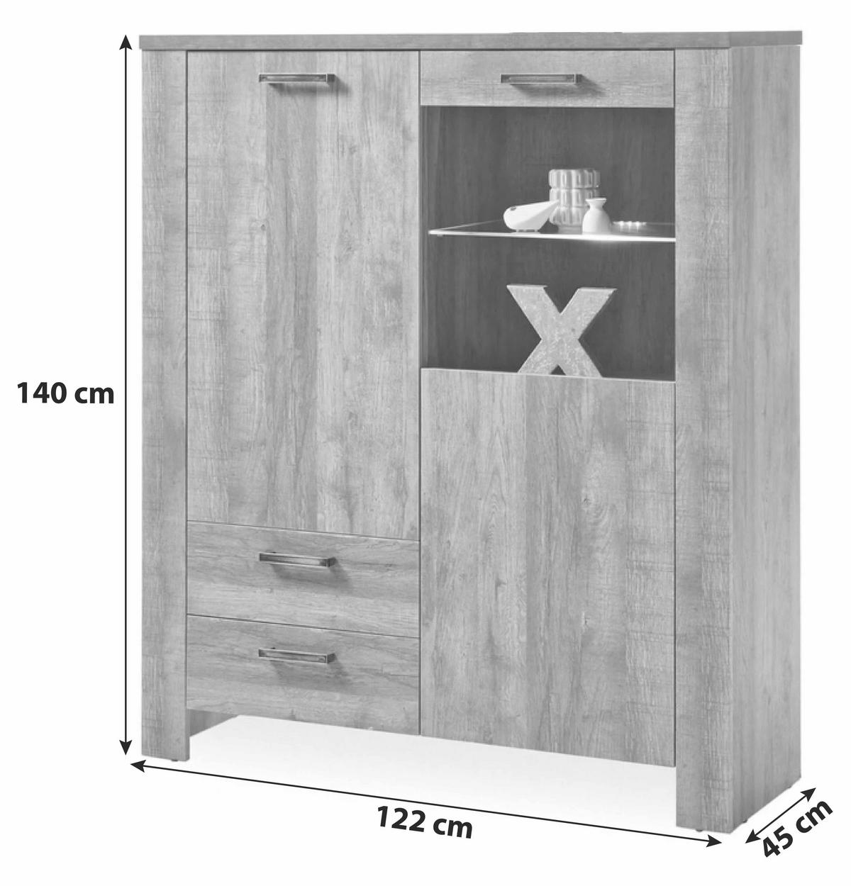 KOMMODE  in 122/140/45 cm  - Eichefarben/Anthrazit, Basics, Glas/Holzwerkstoff (122/140/45cm) - MID.YOU