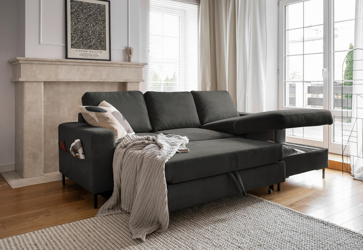 ECKSOFA Grau Cord  - Schwarz/Grau, MODERN, Textil/Metall (236/148cm) - MID.YOU