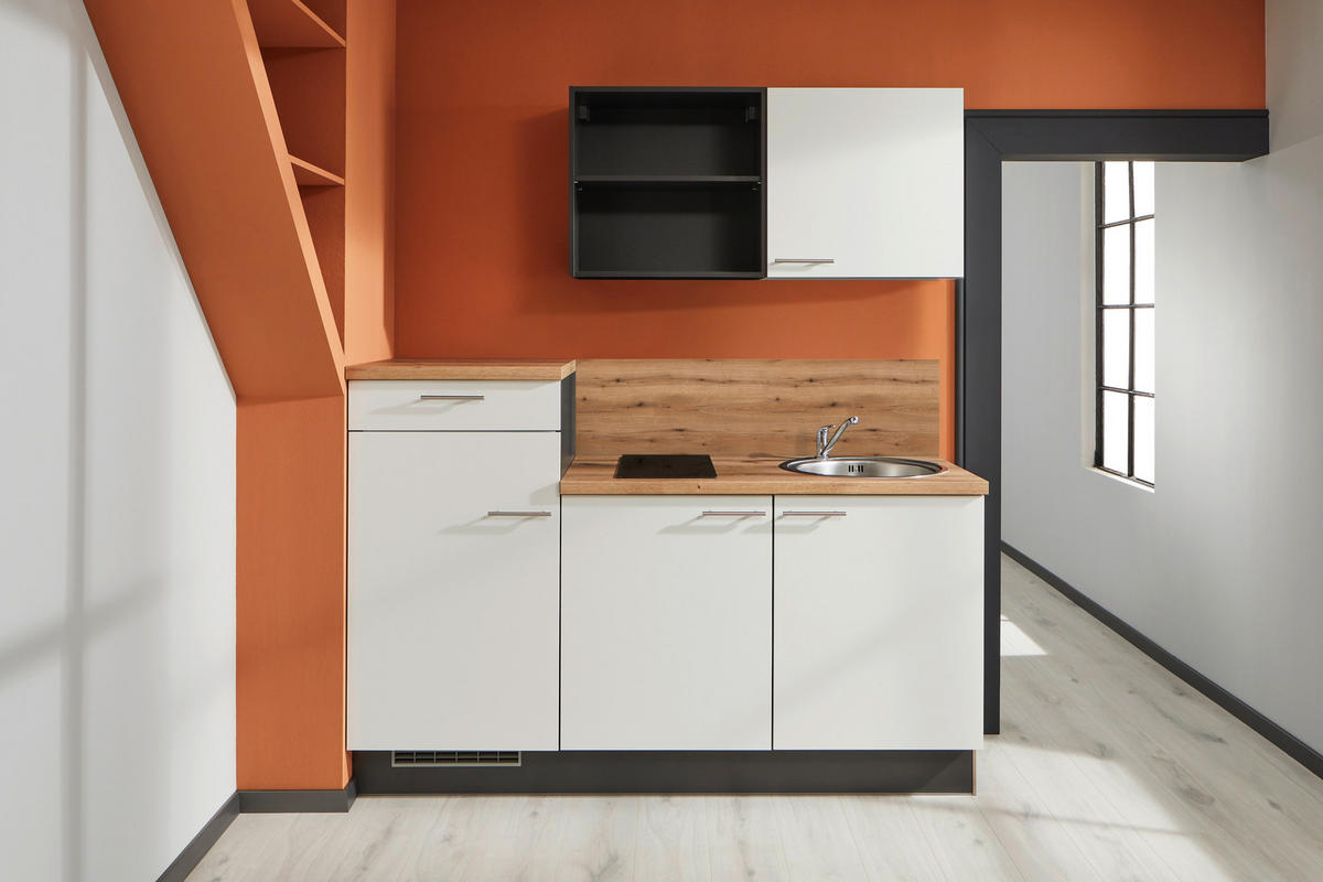 KÜCHENBLOCK 180 cm   in Graphitfarben, Weiß, Eichefarben  - Edelstahlfarben/Eichefarben, Design, Holzwerkstoff/Metall (180cm) - Pino