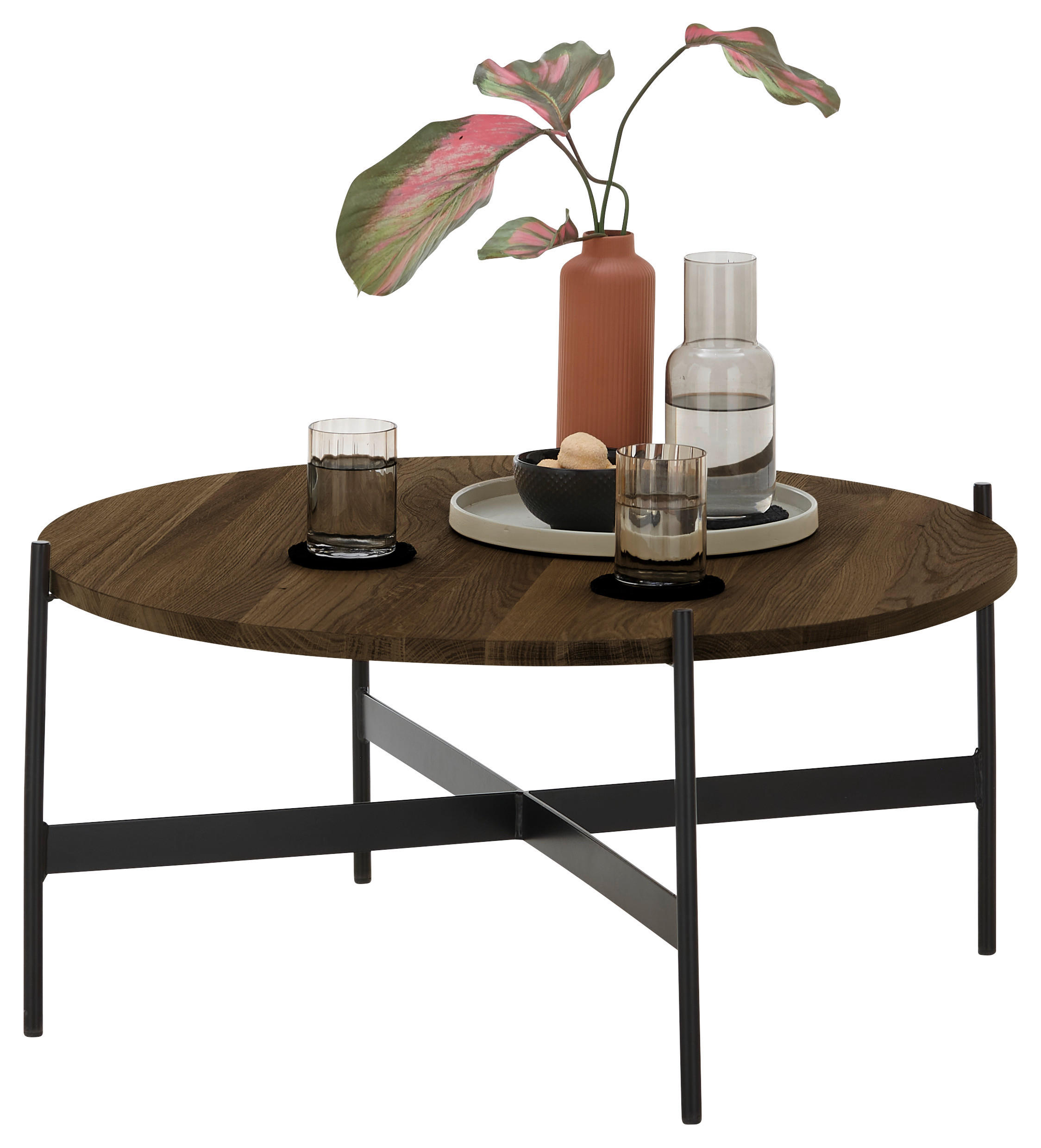 COUCHTISCH Eiche massiv 53/53/39 cm rund Schwarz, Eiche dunkel  - Eiche dunkel/Schwarz, Natur, Holz/Metall (53/53/39cm) - SetOne by Musterring