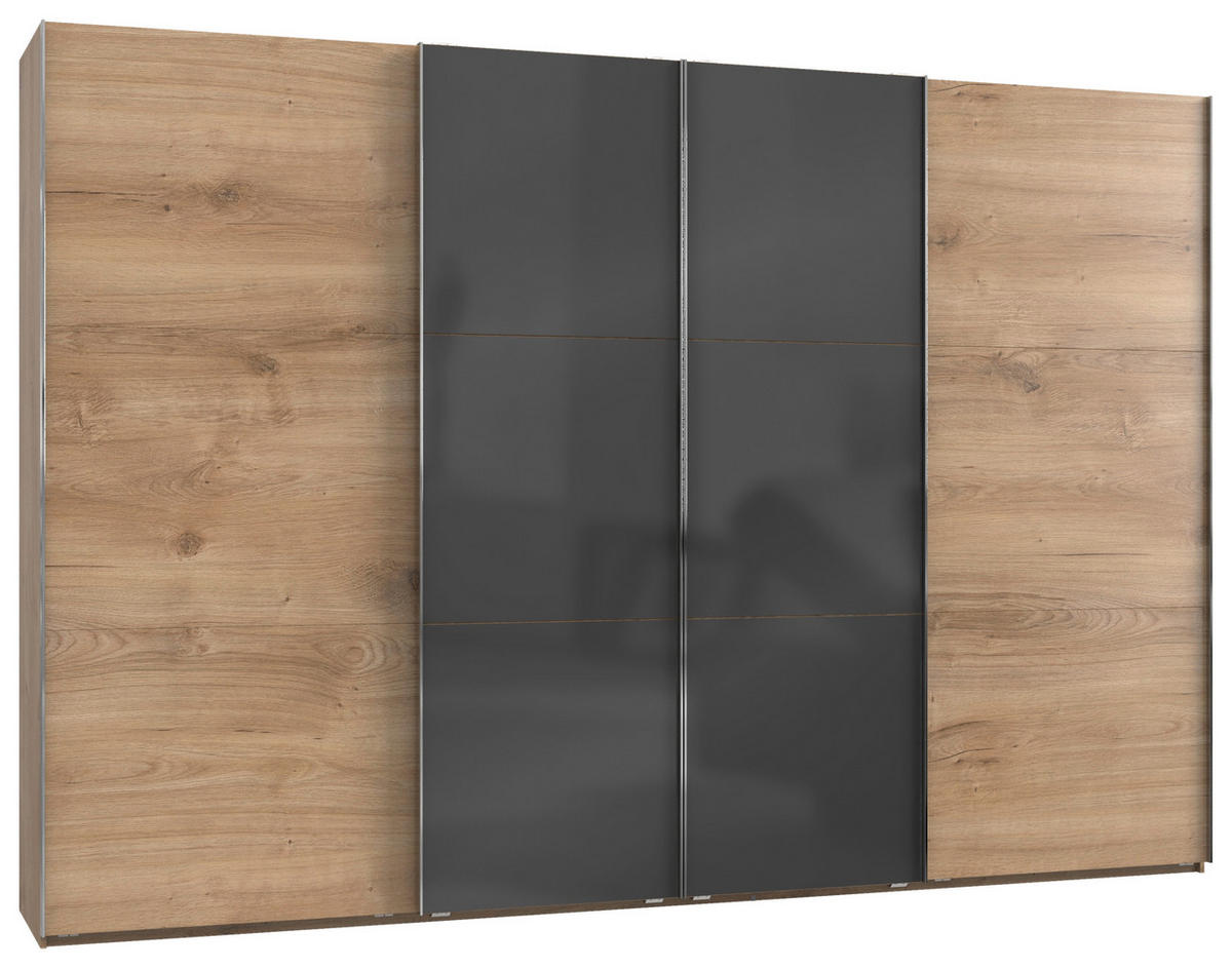 SCHWEBETÜRENSCHRANK 350/236/65 cm 4-türig Grau, Eichefarben  - Chromfarben/Eichefarben, MODERN, Holzwerkstoff (350/236/65cm) - MID.YOU