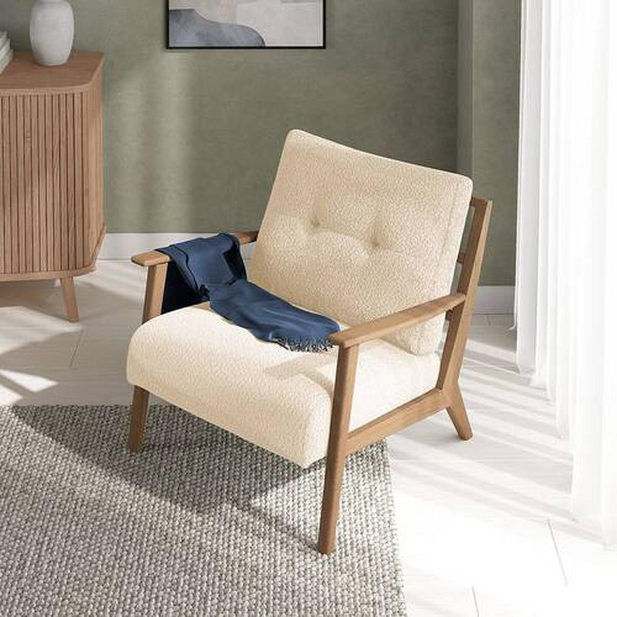 SESSEL in Bouclé Beige, Eichefarben  - Eichefarben/Beige, Natur, Holz/Textil (75/71/80cm) - home24