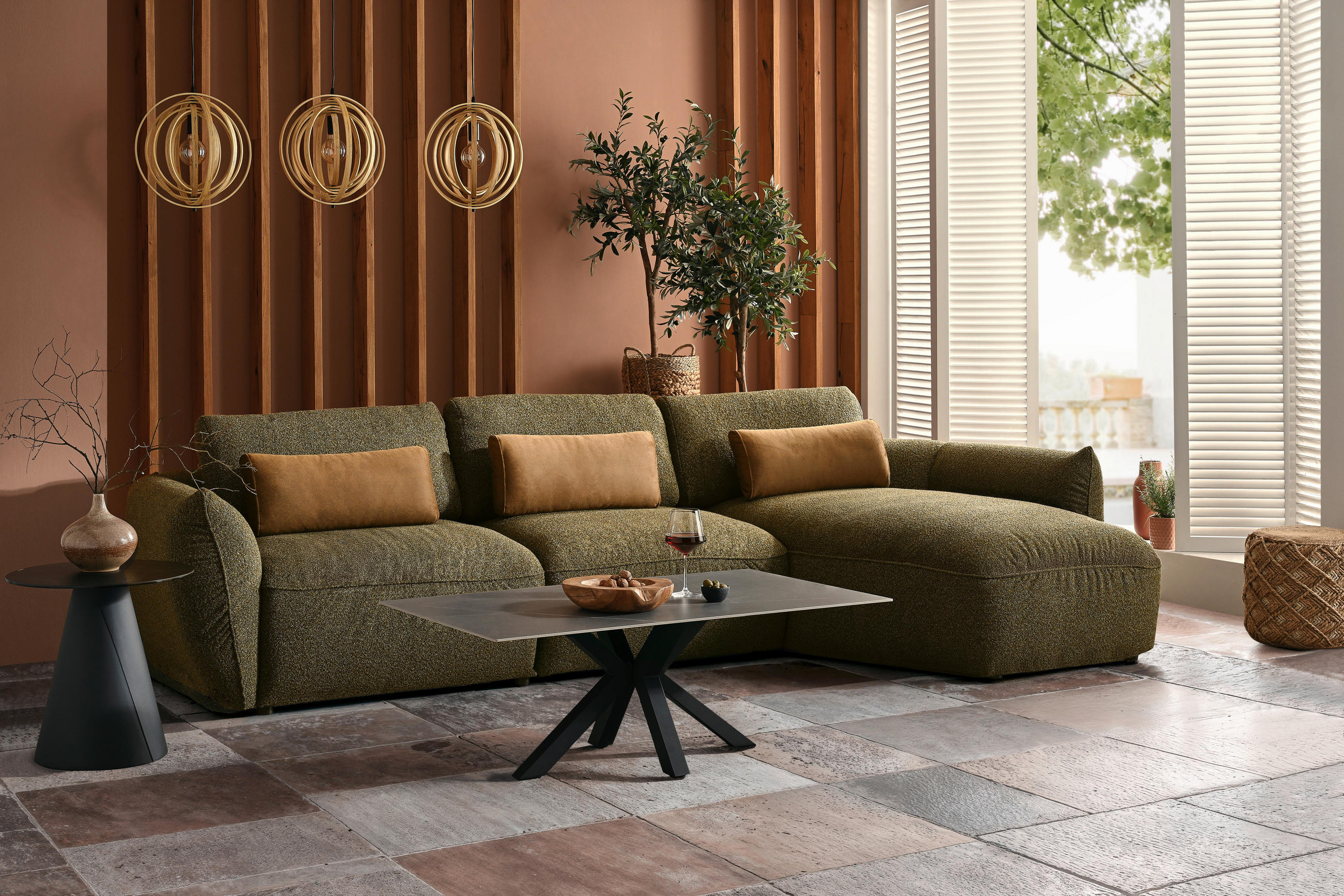 ECKSOFA in Chenille Grün  340/190 cm  - Schwarz/Braun, Design, Kunststoff/Textil (340/190cm) - Emilio Belluti