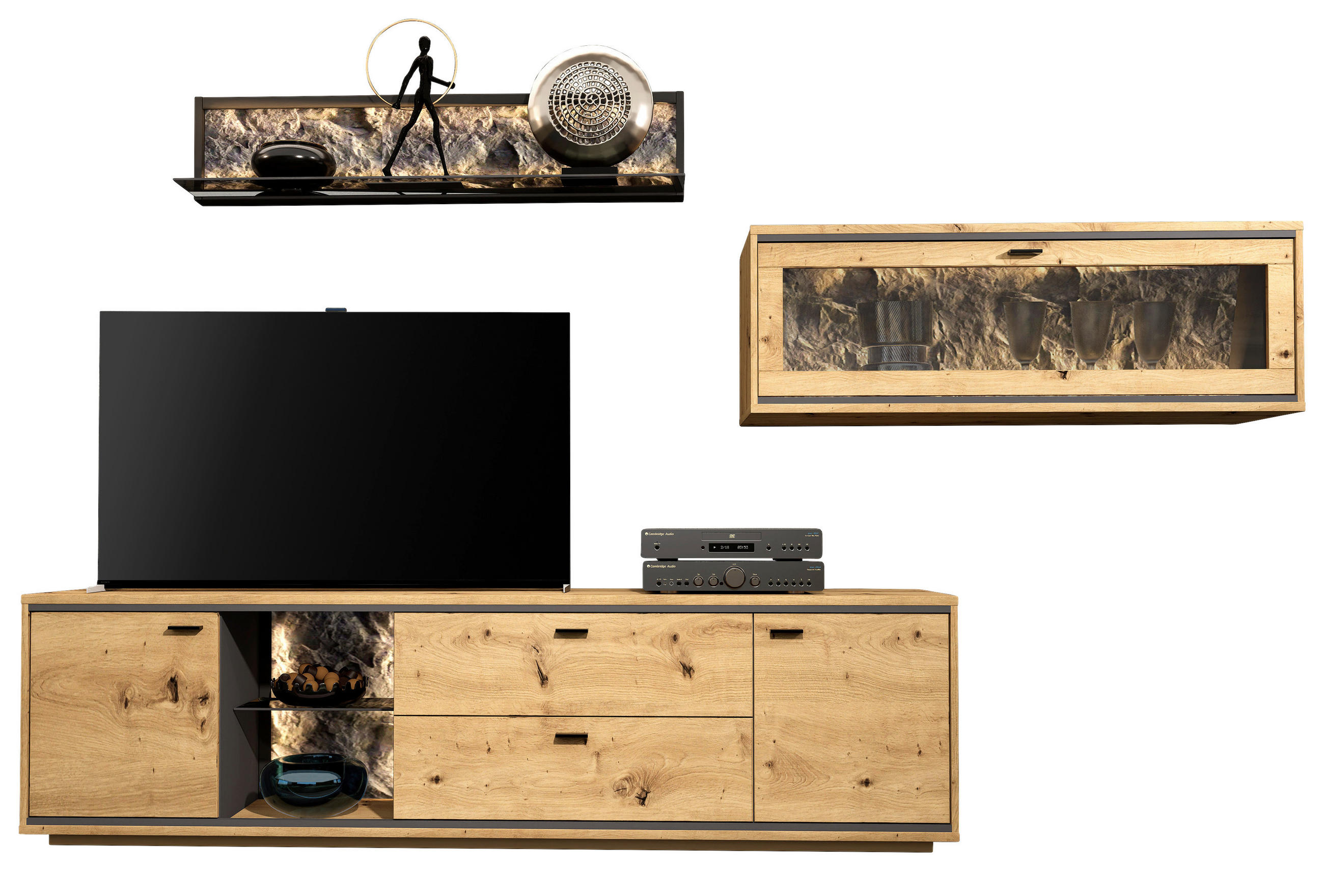 WOHNWAND  in Graphitfarben, Eiche Artisan  303/190/49 cm  - Schwarz/Graphitfarben, Design, Glas/Holzwerkstoff (303/190/49cm) - Cantus