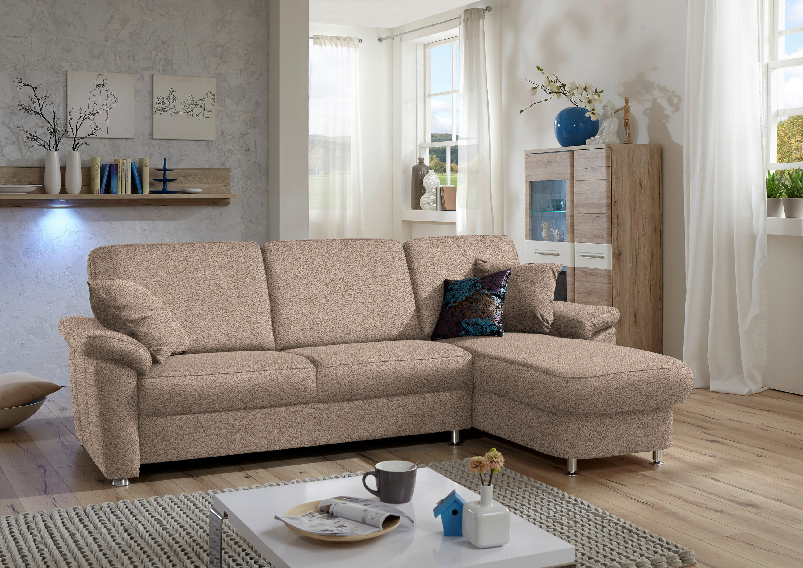 ECKSOFA in Flachgewebe Sandfarben  - Sandfarben/Chromfarben, Konventionell, Textil/Metall (250/163cm) - Beldomo System
