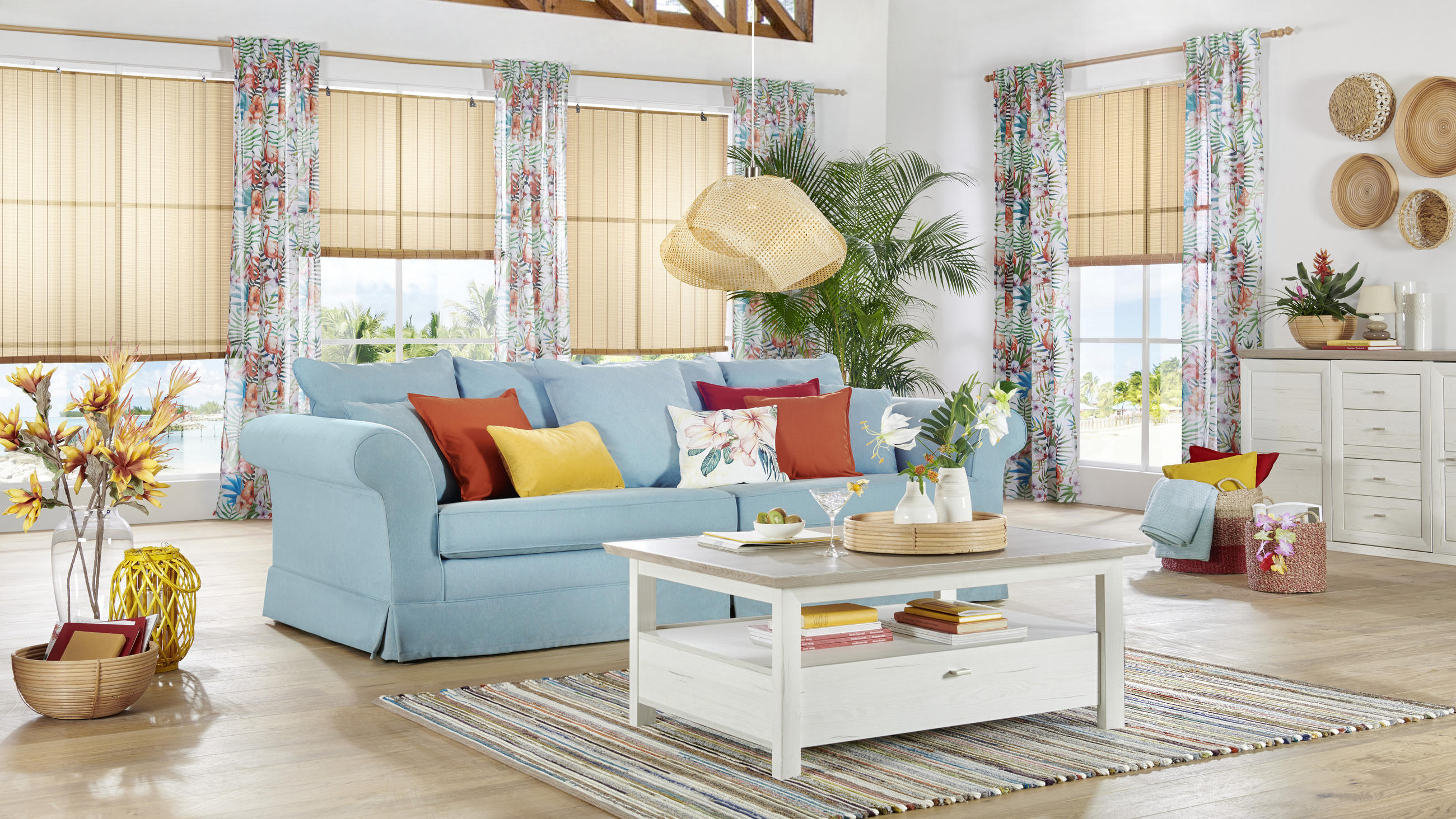 BIGSOFA in Flachgewebe Hellblau  - Dunkelbraun/Hellblau, Trend, Holz/Textil (264/70/111cm) - MID.YOU