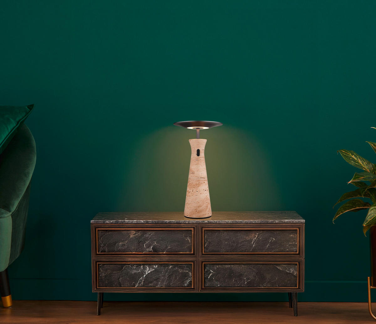 AKKU-TISCHLEUCHTE TRAVERTIN 20/33,6 cm  - Graphitfarben/Weiß, Design, Kunststoff/Stein (20/33,6cm)