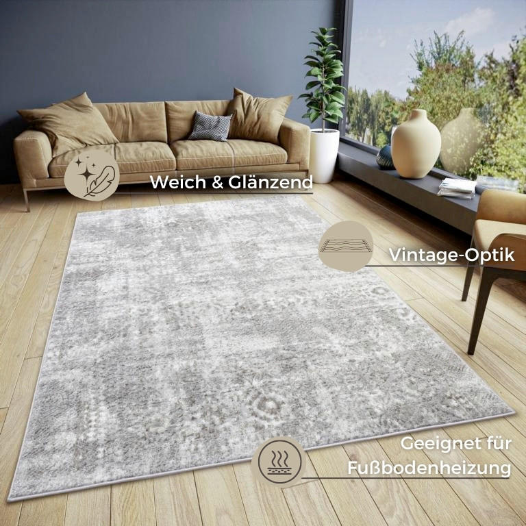 VINTAGE-TEPPICH 57/90 cm Shine Grau, Beige  - Beige/Grau, Design, Kunststoff (57/90cm)