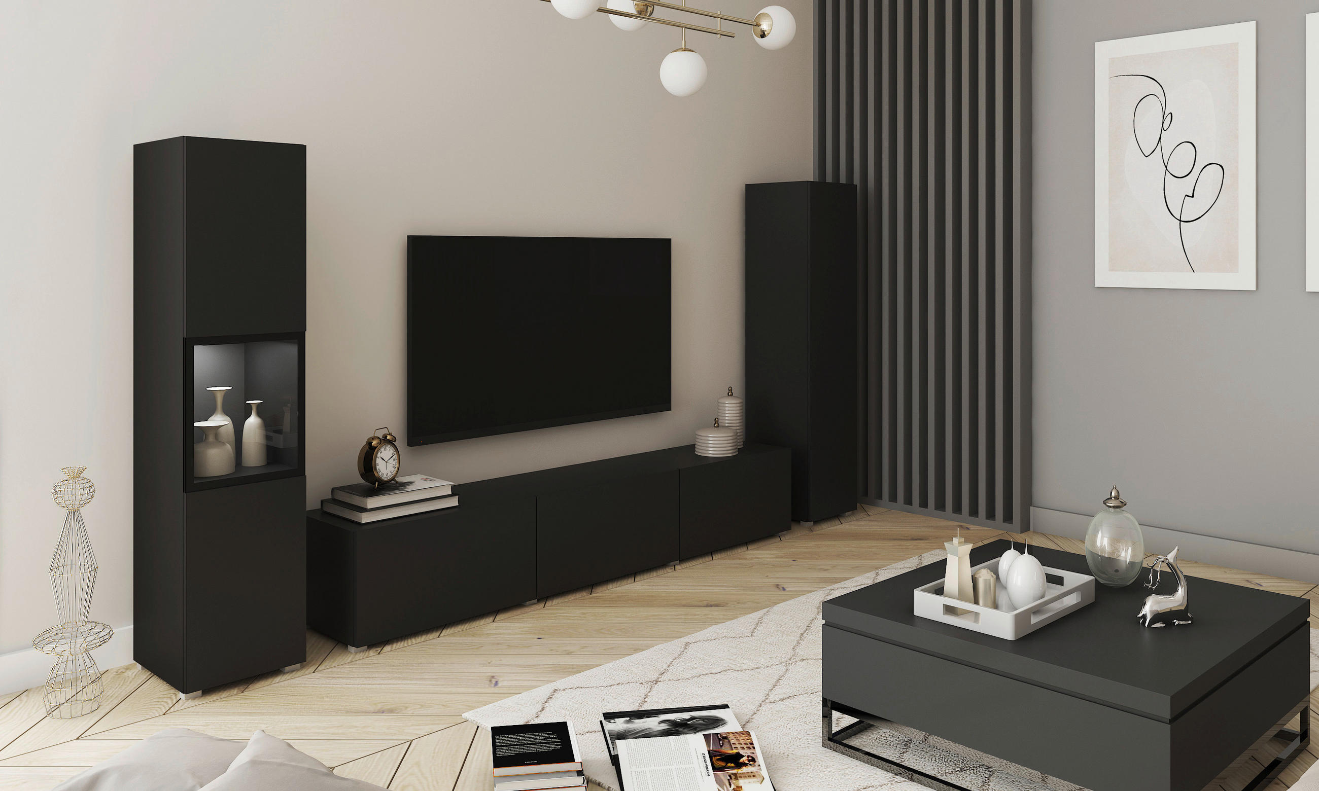 OBÝVACÍ STĚNA, černá - šedá/černá, Design, kompozitní dřevo/sklo (240/130/31cm) - MID.YOU
